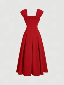 SHEIN MOD 卡其色贝壳袖褶皱伞形长裙、礼服、秋季女装、巡游女装、90 年代服装、衣服、伴娘服、晚宴服装返校节礼服、仙女核心、老钱、文艺复兴 - 紅色 - 查看 2