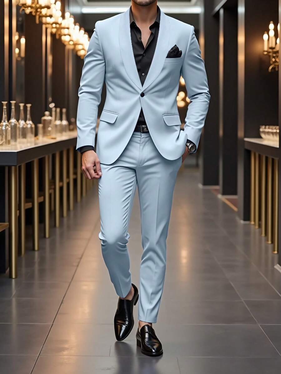 Manfinity Mode Bộ đồ vest nam 2 món thường ngày, áo khoác kèm quần, cổ khăn choàng màu trơn, tay dài, mùa thu - Màu xanh nhạt - Xem 1
