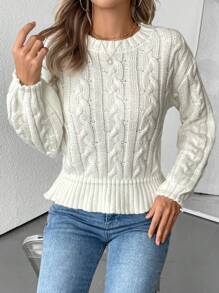 SHEIN LUNE 1pc Women's Solid Color Round Neck Twist Knit Casual Pullover Sweater Knit Pullover Fall Winter Outfit - White - View 6
