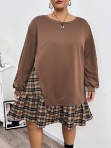 SHEIN CURVE+ Plus Size Women's Plaid Panel Drop Shoulder 2 In 1 Sweatshirt Dress - Multicolor - View 8