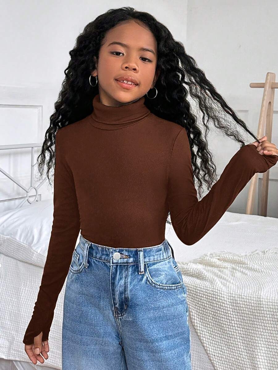 SHEIN Tween Girls Casual Solid Color Round Neck Long Sleeve Fitted Sweater - Brown - View 1