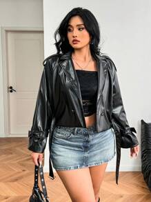 SHEIN EZwear Abrigo informal de talla grande con solapa y doble abotonadura, ideal para otoño