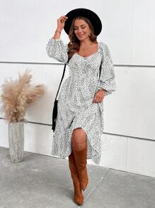SHEIN VCAY 大码度假方领灯笼袖连衣裙秋冬时尚新品，法式女装 - 白色 - 查看 1