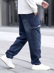 Manfinity Homme 男士时尚休闲破洞宽松锥形牛仔裤，纯色深蓝色长款宽松洗水工装牛仔裤，适合丈夫、男朋友的礼物 - 深色水洗藍 - 查看 8