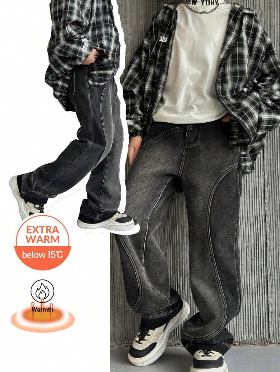 SHEIN 青少年男孩时尚休闲设计感分界线黑色牛仔布内衬增加保暖宽松舒适七分牛仔裤适合日常穿着和秋冬季儿童服装