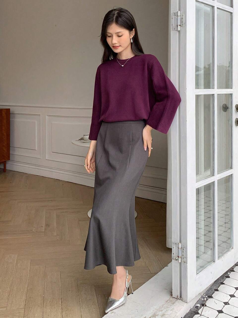 Women Crew Neck Long Sleeve Minimalist Pullover Sweater, Ladylike Style For Casual Everyday Wear,Three Quarter Sleeve Tops Fall,Winter