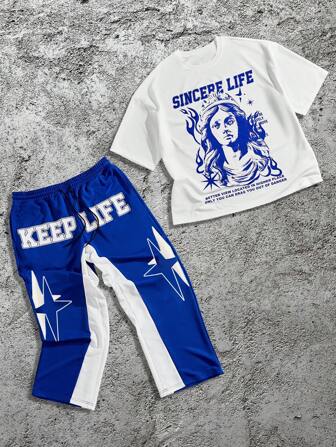 Manfinity Roughcore Plus Size Men's Crew Neck Short Sleeve Graphic Print Top & Casual Long Pants Set