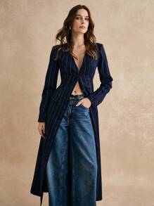 Poéselle 女士西装外套长款西装外套 V 领单排扣海军蓝条纹西装商务办公休闲西装外套优雅条纹单排扣夹克秋冬女装，轻松时尚必备 - 藏蓝色 - 查看 5