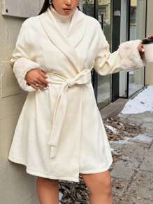 Flirla Plus Size Casual Patchwork Fluffy Sleeve Coat, Autumn/Winter - Apricot - View 4