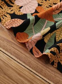 EMERY ROSE Blusa de cuello redondo con estampado de hojas y puños acampanados para mujer de talla grande