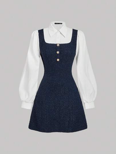 SHEIN MOD Collared Color-Block Button Long Sleeve Patchwork Dress, Elegant