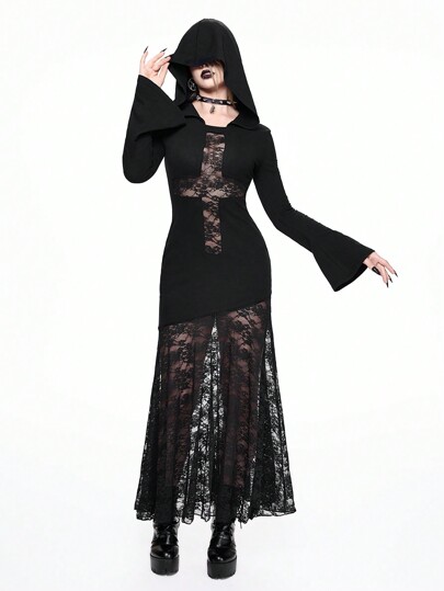 Gothic-Stil Kontrast Spitzen-Kreuz-Stickerei Maxi Kapuzenkleid mit Fischschwanz