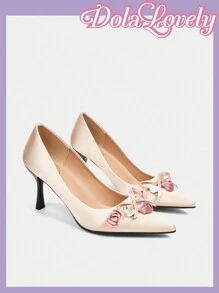 Dola Lovely Escarpins femme à talons hauts, à bout pointu avec nœud rose unicolore et fleurs 3D, chaussures plates à bride arrière