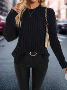 SHEIN LUNE 1pc Women Solid Color Loose Ribbed Comfortable Pullover SweaterKnit PulloverFall Winter Outfit