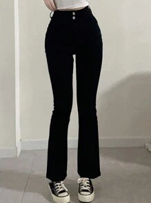 DAZY Women's Fashionable Casual Solid Color Slim Flared Pants - Black - View 5