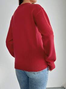 SHEIN Privé Áo len cổ tròn dáng rộng hình trái tim màu đỏ dành cho nữ - Đỏ - Xem 2