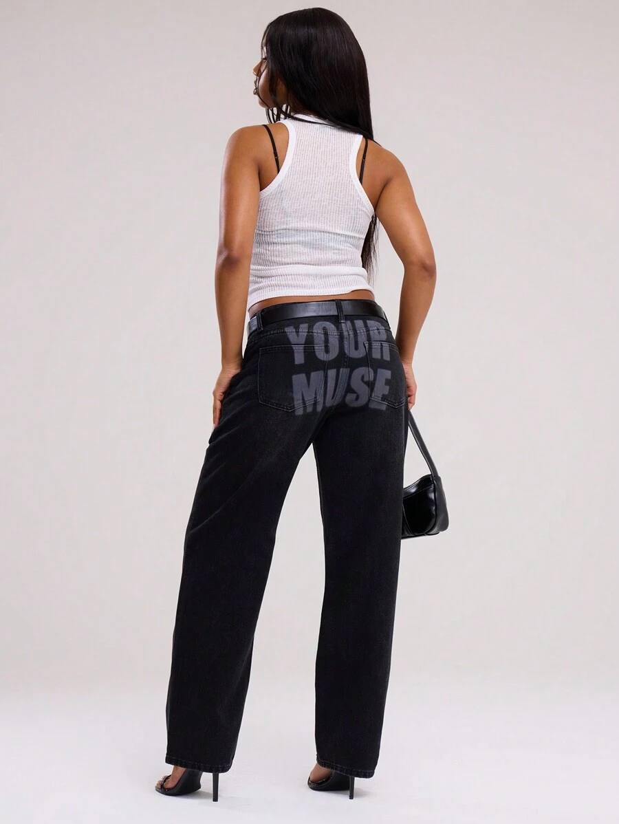MUSERA Spray Paint Logo Jeans Spring 90's Y2k Streetwear Spring Summer Cute Casual Festival Rave Ibiza Midnight Mass Concert Winter Everyday Chic - Black - View 1