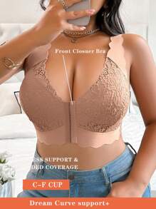1pc Front Closure Contrast Lace Plus Size Wireless Bra Lingerie - Apricot - View 3