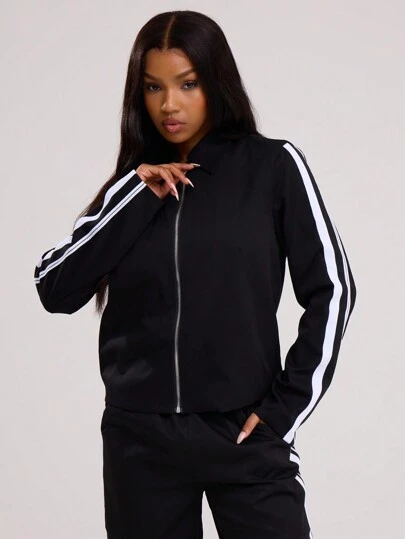 MUSERA 翻领撞色条纹拉链夹克，春夏皆宜，适合运动、假日、机场、音乐节、冬季以及返校季穿着。