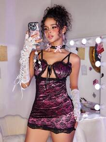 Eraneu Set de 2 piezas vestido camisole con diseño de corazón seductor de encaje y tanga lencería de pijama, sin cables