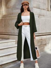 SHEIN Cottnline 女士休闲日常前开宽松针织开衫，秋冬 - 綠色 - 查看 5