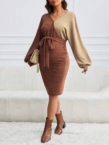 SHEIN Maternity Fashion Color Block Tie Lantern Sleeve Jurk