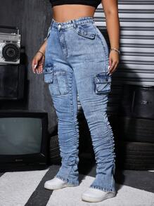 SHEIN ICON 大码时尚百搭翻盖口袋分层紧身牛仔裤 - 藍色 - 查看 5