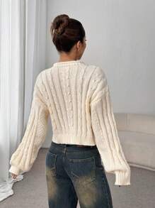Flirla Femmes Chandail court en tricot à grosse maille à col roulé, épaules tombantes, coupe ample, couleur unie, pour un usage quotidien et décontracté