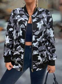 SHEIN LUNE Plus Size Front Zipper Long Sleeve Casual Camouflage Jacket, Suitable For Outdoor Wear - Multicolor - View 5