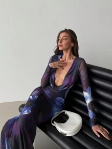 Aloruh Đầm bodycon lưới in hoa dự tiệc/đi chơi cổ chữ V sâu tay dài cho nữ - Nhiều màu - Xem 6