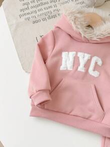 2 件装女婴针织毛绒羊毛保暖可爱 3D 耳朵字母刺绣连帽衫运动衫和保暖内衬裤套装，适合外出、派对等场合，秋冬季 - 粉色 - 查看 6