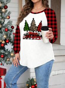 SHEIN LUNE Casual Simple Loose Red Plaid Christmas Tree Print Round Neck Long Sleeve T-Shirt For Plus Size, Suitable For Autumn/Winter - Multicolor - View 3