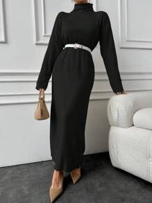EURMUSE Cotton Solid Color Turtleneck Ribbed Knit Sweater Dress - Black - View 4