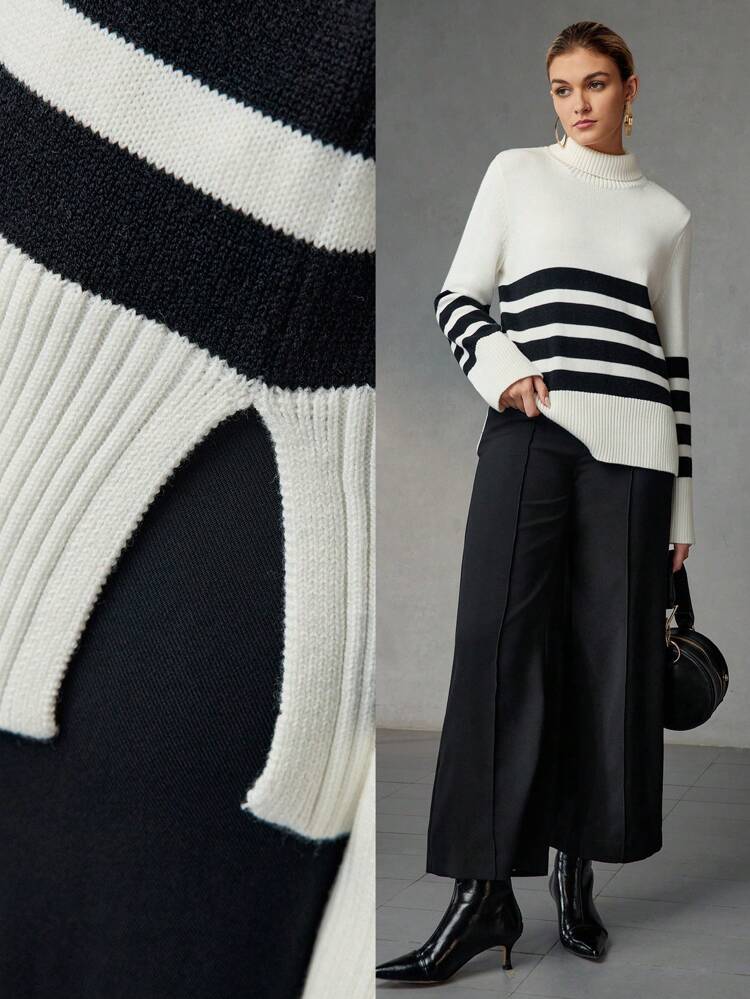 STRIPED PATTERN TURTLENECK SPLIT HEM SWEATER WITHOUT BELT