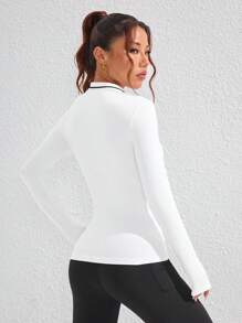 SHEIN Sovereign Charm Women's Front Zip Long Sleeve Casual Letter Print Sporty Polo Shirt - White - View 2