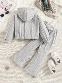 SHEIN 年轻女孩 2 件套服装，带 B 字母刺绣的连帽夹克和喇叭下摆罗纹针织裤，秋冬 - 淺灰色 - 查看 2