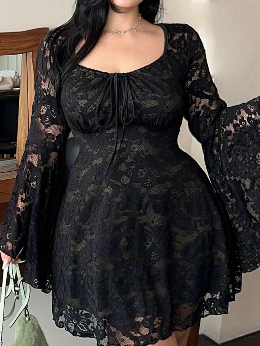 Flirla Plus Size Women's Lace Up Ruffle Square Neck Exaggerated Flare Sleeve Party Elegant Dress - Black - View 1