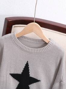 Tween Girl Star Print Crew Neck Loose Long Sleeve Knit Sweater