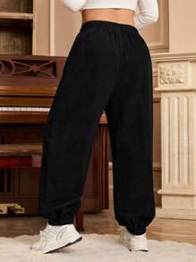 SHEIN EZwear Plus Size Solid Color Elastic Waist Casual Drawstring Ankle Pants