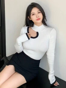 DAZY Women Contrast Color Splicing Hollow Out Turtleneck Pullover Sweater,Fall Clothes