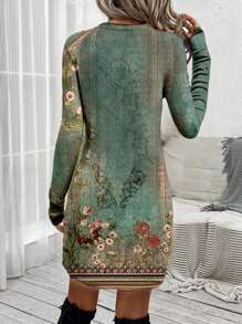 SHEIN LUNE 女士休闲花卉简约印花扭结连衣裙，适合秋冬季 - 白色 - 查看 2