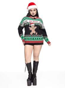ROMWE Cute Christmas Retro Gingerbread & Snowflake Intarsia Knit Loose Fit Plus Size Pullover Sweater, For Winter - Multicolor - View 1