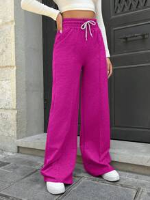Cottnline Cotton Tall Drawstring Waist Wide Leg Pants - Hot Pink - View 4