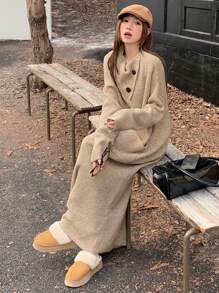 DAZY Váy len túi chắp vá cổ polo đơn giản màu trơn cho nữ, mùa thu/đông - Màu Khaki - Xem 4