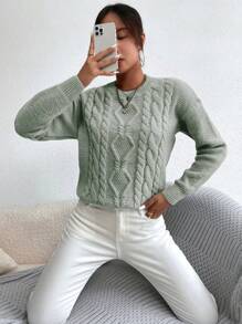 Chiquease 女士休闲日常针织落肩毛衣，秋冬针织套头衫 - 綠色 - 查看 5