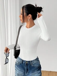 SHEIN PETITE Solid Knit Stretch Fitted Black Bodysuit - White - View 4