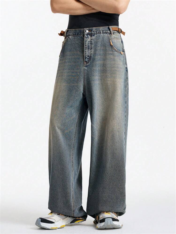 Men's Distressed Embroidery Decor Street Style Casual Long Denim Jeans