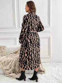 SHEIN LUNE Plus Size Button Front Long Sleeve Allover Print Casual Dress Plus Size Fall Clothes Dresses For Women Thanksgiving Outfit Women New Years Women Outfit Winter Dresses Winter Clothes Women Rave Outfits - Multicolor - View 3