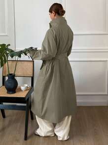 DAZY 纯色宽松长袖系带口袋纽扣女式长款风衣外套，秋季女装 - 綠色 - 查看 2