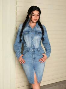 SHEIN EZwear Đầm denim ngắn đơn giản, giản dị, tay dài, túi nút phía trước dành cho nữ - Rửa trung bình - Xem 4